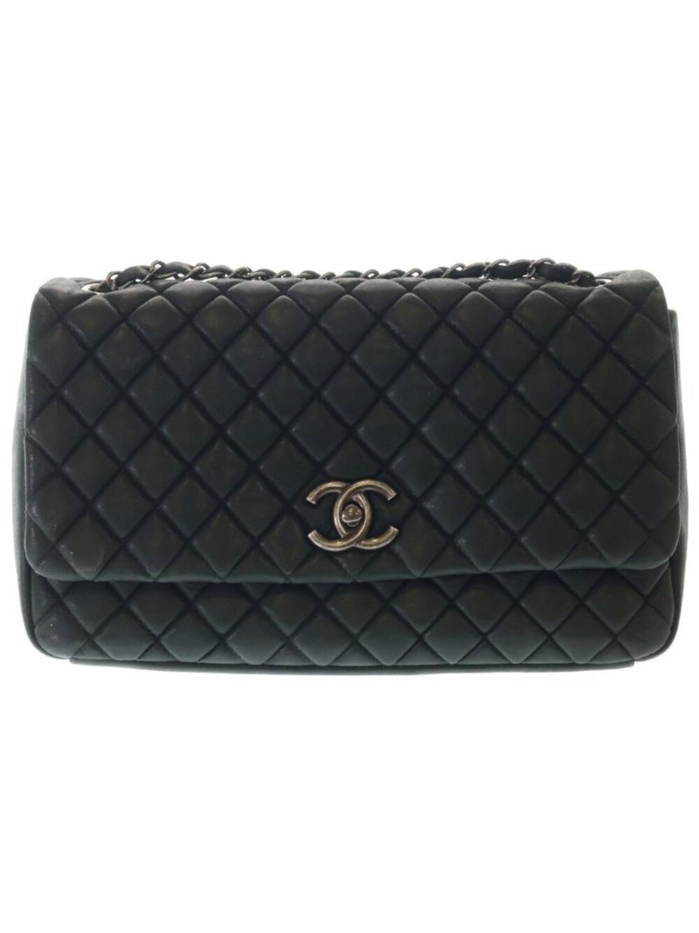 Chanel Quilted Single Flap Double Chain Shoulder Bag Silver Black